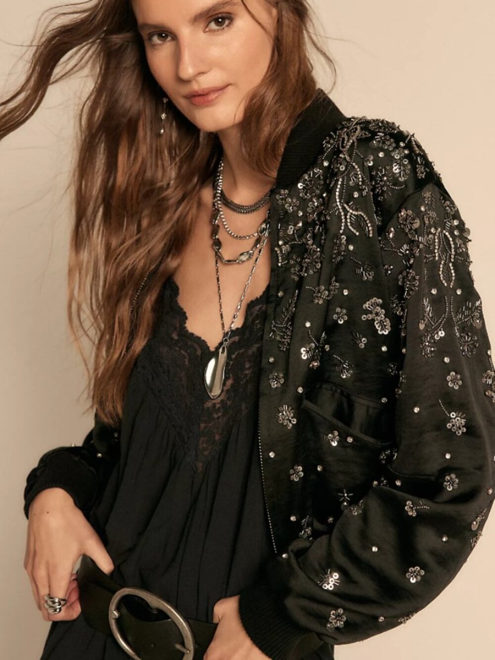 NWT Free People Stassi Embellished Bomber in Black